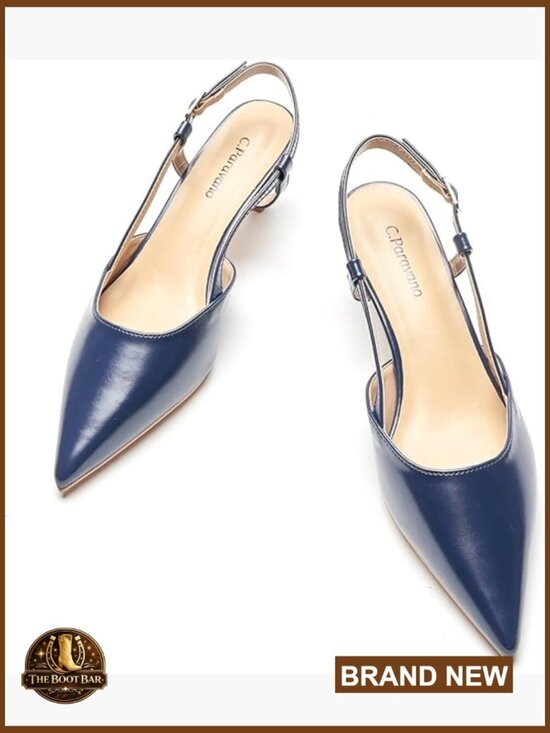 Shoes - Leather Kitten Heel Slingback Pumps with Adjustable Buckle